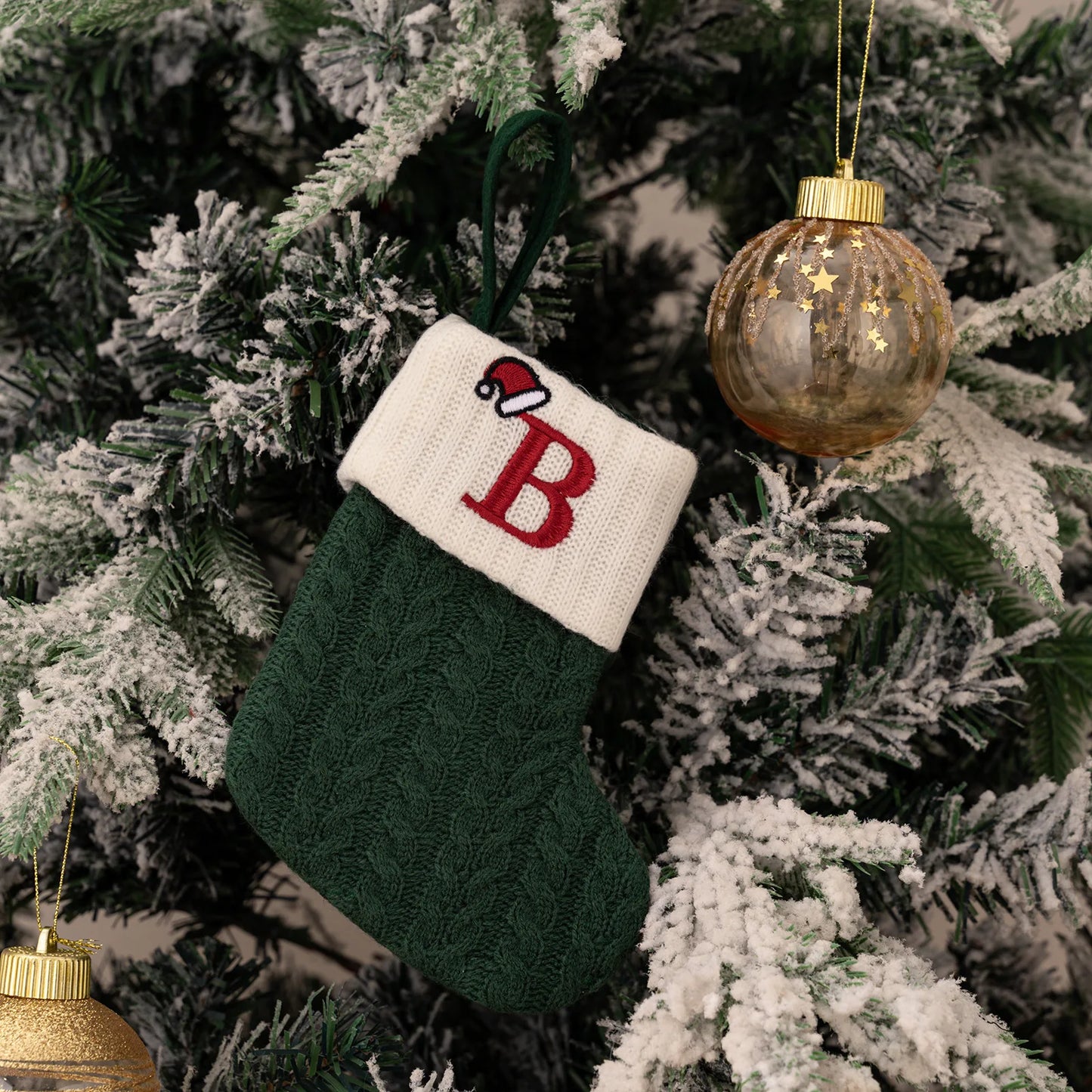 Green A-Z Letter Hanging Christmas Stockings Monogram Knitted Socks