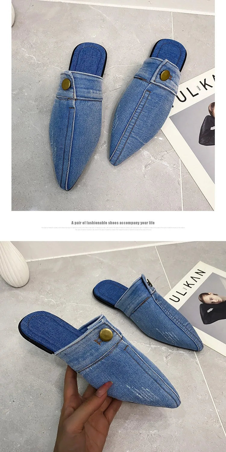 Denim Slippers Women Flat Mules Shoes Fashion Casual Slide Flip-flops Ladies Blue Designer Sandal Pointed Toe Classic Jean Mules