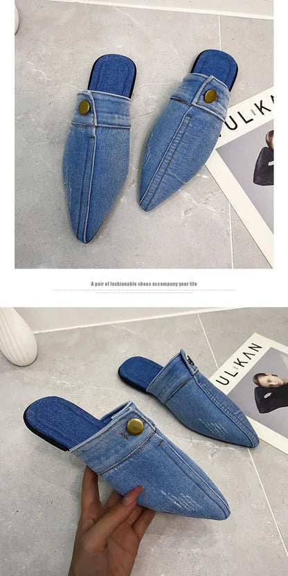 Denim Slippers Women Flat Mules Shoes Fashion Casual Slide Flip-flops Ladies Blue Designer Sandal Pointed Toe Classic Jean Mules