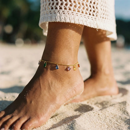 Colorful Cubic Zirconia Anklet for Women Waterproof Anti Tarnish Stainless Steel Summer Beach Foot Jewelry