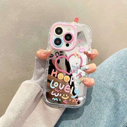 Lovely Girl Heart Mirror Phone Case For iPhone 11 12 13 14 15 16 Pro Max Back Cover