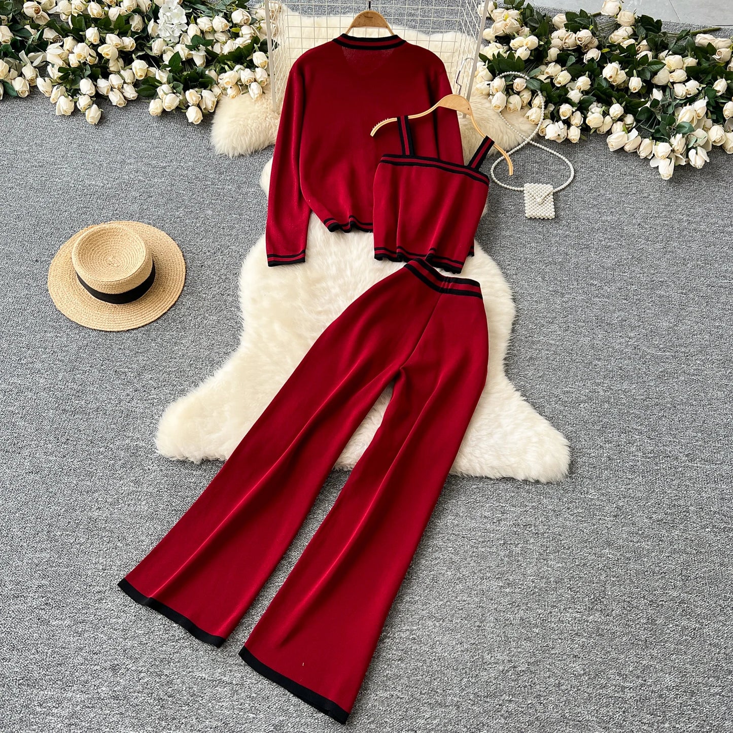 Women Three-Piece Sets Slim Single Breasted Coat Straps Camis Top High Waist Wide Leg Pants High Street Autumn Winter Clothing