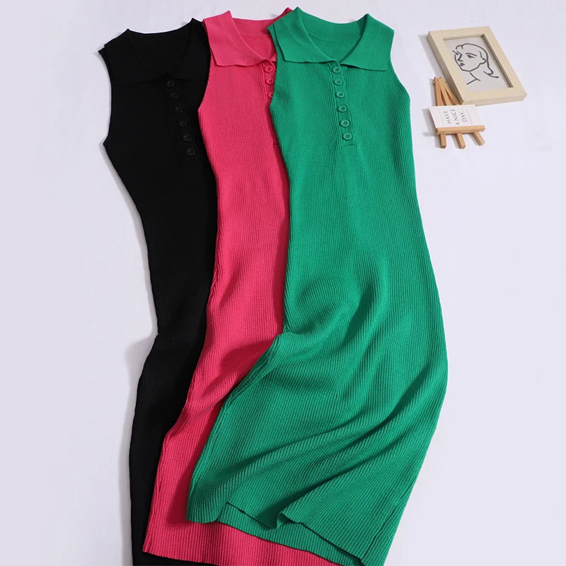 Women Summer New Dress Button Sleeveless Knit Solid Bodycon Dress Versatile Slim Worn Outside Elastic Dress