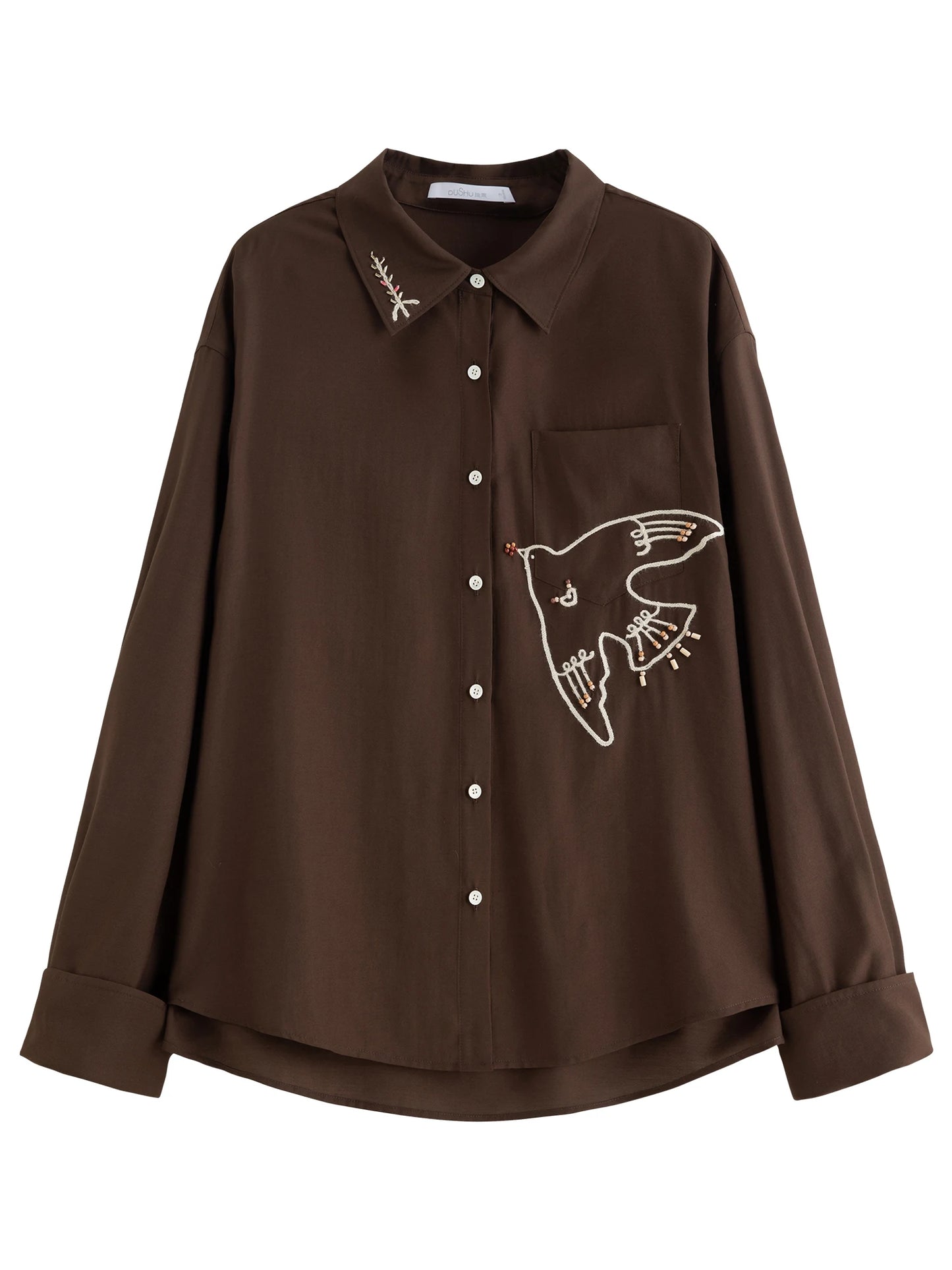 Chic Elegant Spring Bird Embroidery Stylish Outfit Set Long Sleeve Casual Shirt & Beaded Shorts
