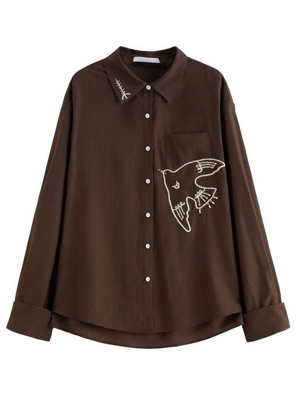 Chic Elegant Spring Bird Embroidery Stylish Outfit Set Long Sleeve Casual Shirt & Beaded Shorts