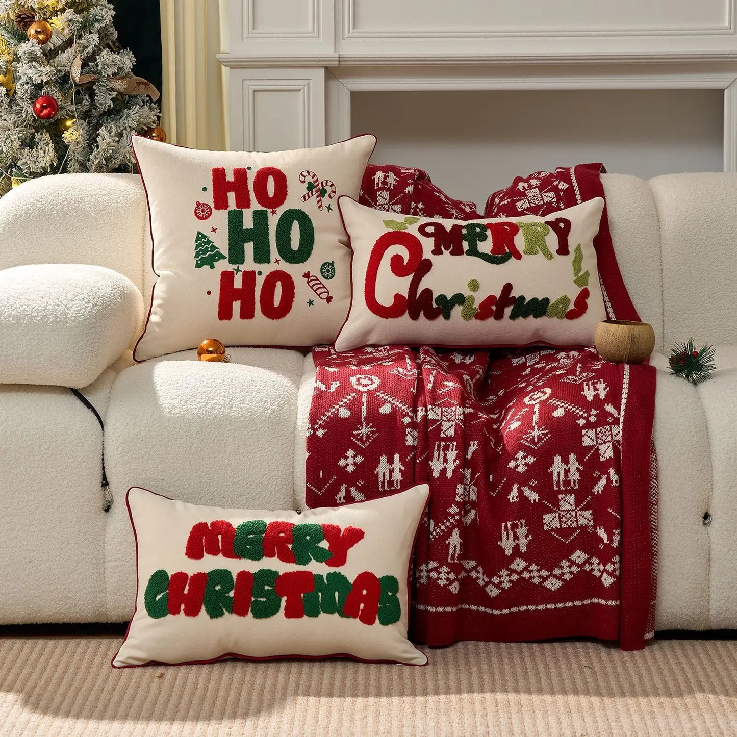 1Pcs Red Christmas Embroidery 'HOHOHO' Snowflake & Gingerbread Man Cushion Pillow Cover Festive
