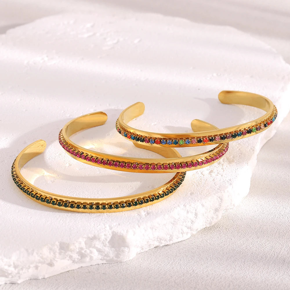 Fashion Waterproof Stainless Steel Shiny Colorful Turquoise Rhinestone Cuff Bracelets For Women