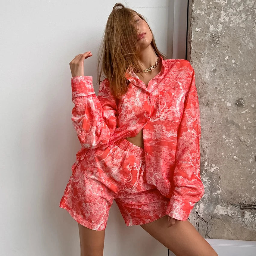 Soft Breathable Fabric Women's 2 Piece Pajama Set Red Tie Dye Print Long Sleeve Shirt & Shorts Loose Fit Sleepwear
