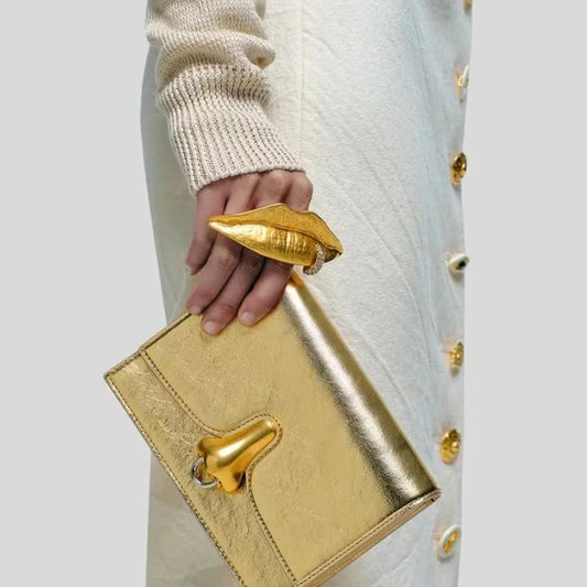 Exaggerated Personality Metal Golden Plated Lips Shaped Adjustable Ring For Women