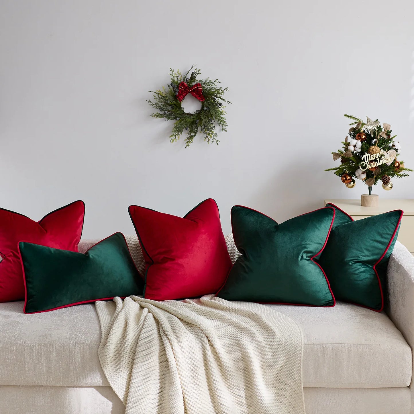 Velvet Christmas Cushion Cover Red Green Contrast Luxury Festive Home Decor