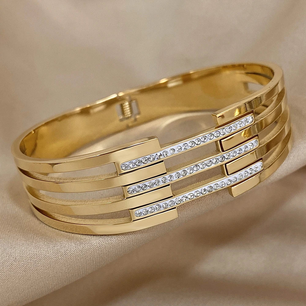 Bracelets for Women Luxury Zircon Intersect Gold Plated Metal Wide Jewelry