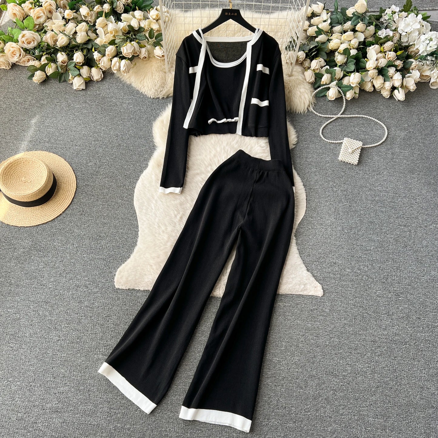 Autumn Knitted Three Pieces Sets Top+Long Sleeves Short Cardigan+Elastic Long Pants Fashion Sweater Set