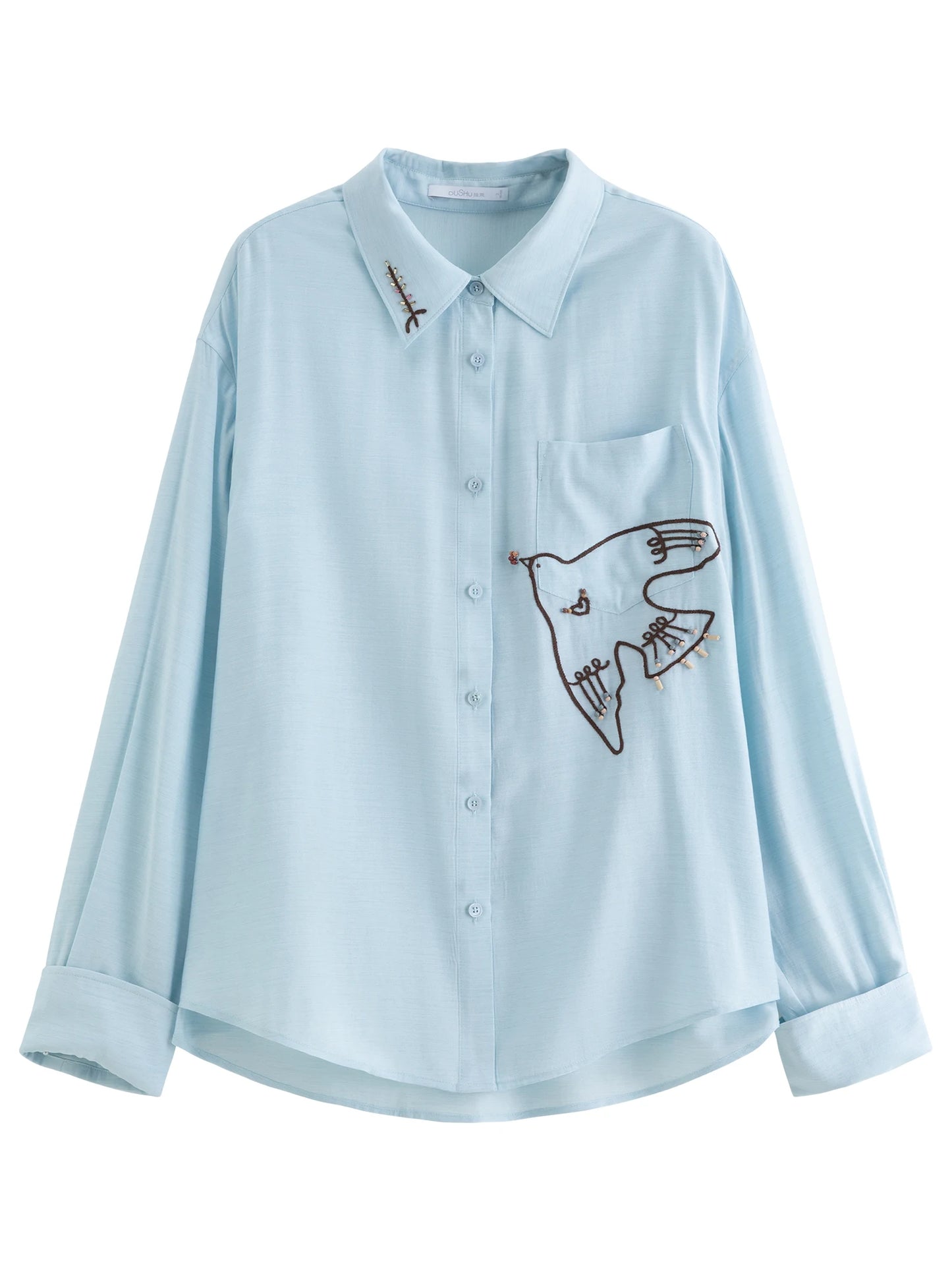 Chic Elegant Spring Bird Embroidery Stylish Outfit Set Long Sleeve Casual Shirt & Beaded Shorts