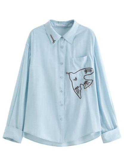 Chic Elegant Spring Bird Embroidery Stylish Outfit Set Long Sleeve Casual Shirt & Beaded Shorts