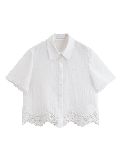 Summer Women's White Lace Trim Shirt and Shorts - Elegant Coordinated Outfit for Daily and Vacation Wear