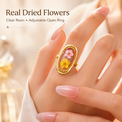 Stainless Steel Rings for Women Dried Flower Resin Jewelry Dainty Geometric Open Adjustable Vintage Floral Rings Waterproof