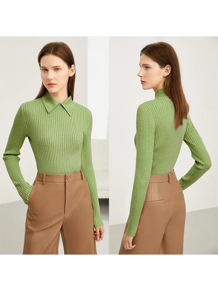 Minimalism Sweater for Women Autumn New Office Lady Basic Lapel Striped Slim Knitted Tops