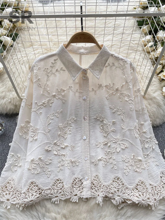 Embroidery Loose Shirt Women Elegant Retro Solid Lapel Long Sleeve High Quality Ladies Summer Fashion Court Blouse