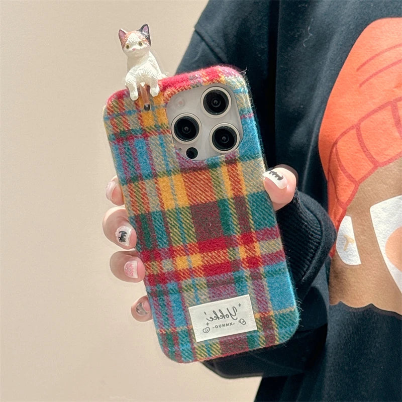 Fashion Warm Plush Plaid Grid Pattern 3D Cat Case For iPhone 16 15 14 13 12 Pro Max Creative Bumper Back Cover