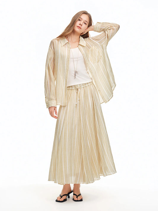 Summer Women‘s Relaxed Fit Shirt Skirt Two Piece Set,Oversized Linen Blend for Healing Commute Effortless Chic Style