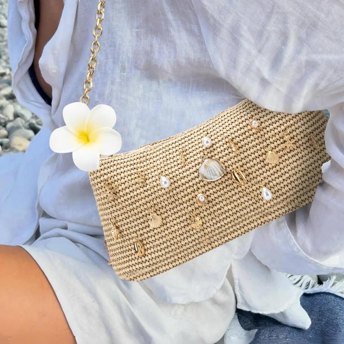 Fashion Shell Women Shoulder Bag Paper Rope Crochet Straw Bags for Women