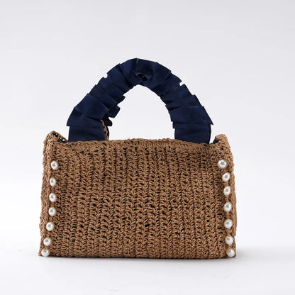 Pearls Straw Bags for Women Bohemian Ruched Handle Handbags Summer Woven Tote Bag Handmade Travel Beach Bag Small Shopper