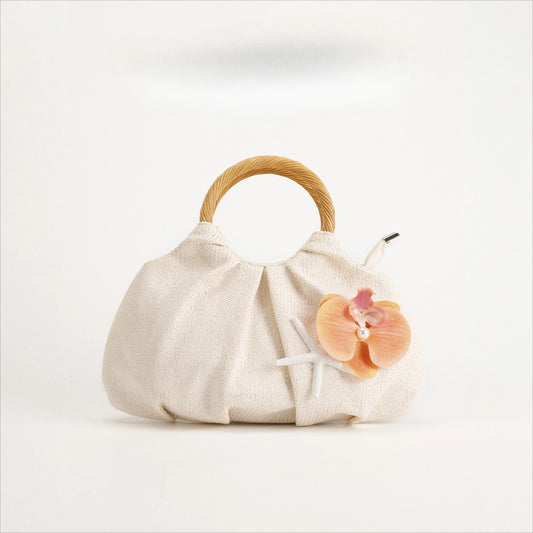 New straw handbag women's summer niche design bamboo bag high-end flower decoration