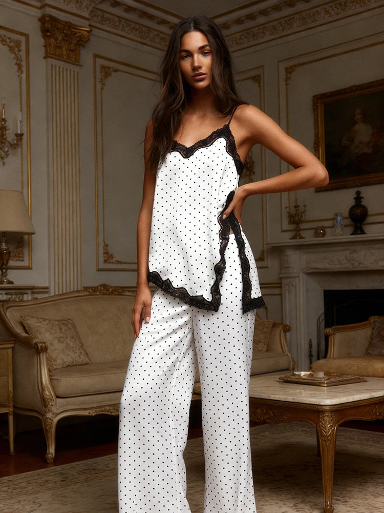 Women 2 Piece Satin Polka Dot Pajama Set Black Lace Trim Cami Top Wide Leg Pants Sexy Elegant Loungewear Sleepwear Summer