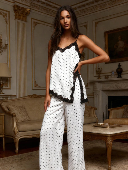 Women 2 Piece Satin Polka Dot Pajama Set Black Lace Trim Cami Top Wide Leg Pants Sexy Elegant Loungewear Sleepwear Summer