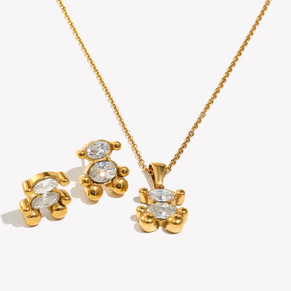 Cute Bear Jewelry Set Gold Plated Sitting Bear Zircon Necklace Stud Earring Smooth Edge Versatile Style Jewelry