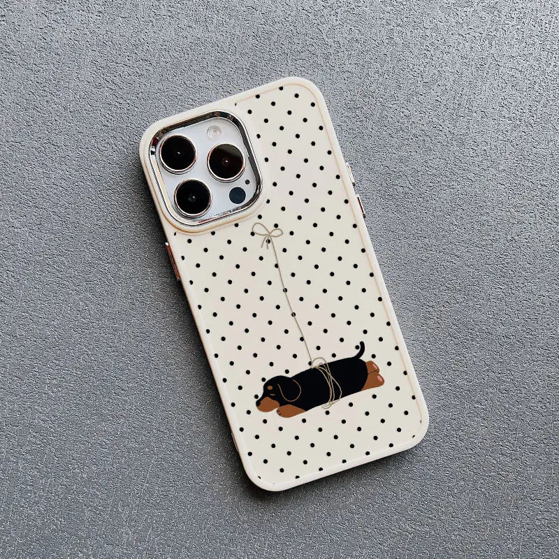 Vintage Dachshund Black Polka Dot Print Silicone Phone Case For iPhone 16 15 14 Pro Max Plus 13 12 11 Pro Max XR XS X Covers