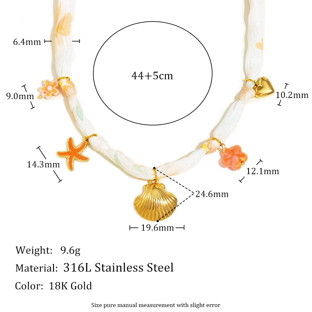 New Fashion 18K Gold Plated Ribbon Flower Starfish Fossil Shell Sun Pendant Necklace Stainless Steel Neck Jewerly