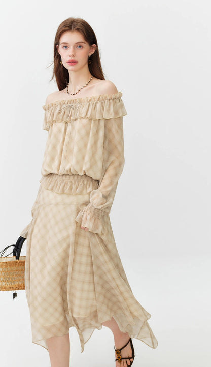 New Arrival One-Shoulder Plaid Shirt Top and Long Skirt  French-Style Ruffled A-Line Chiffon Skirt Set Elegant