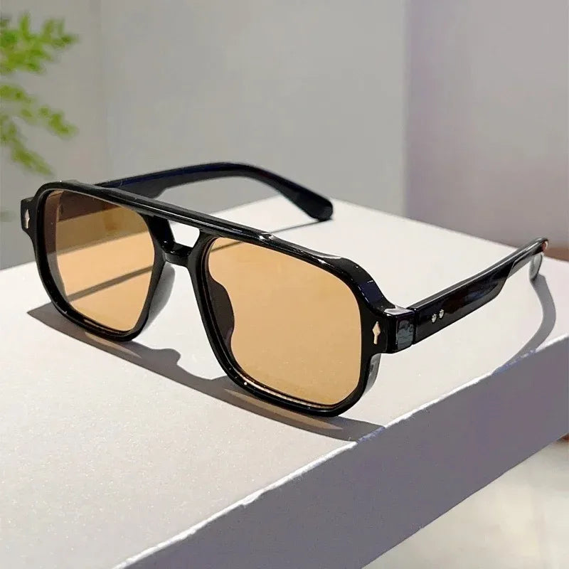 New Vintage Double Bridges Square Sunglasses Fashion Rivets Ocean Lens UV400 Eyewear Women Trending Traveling Sun Glasses