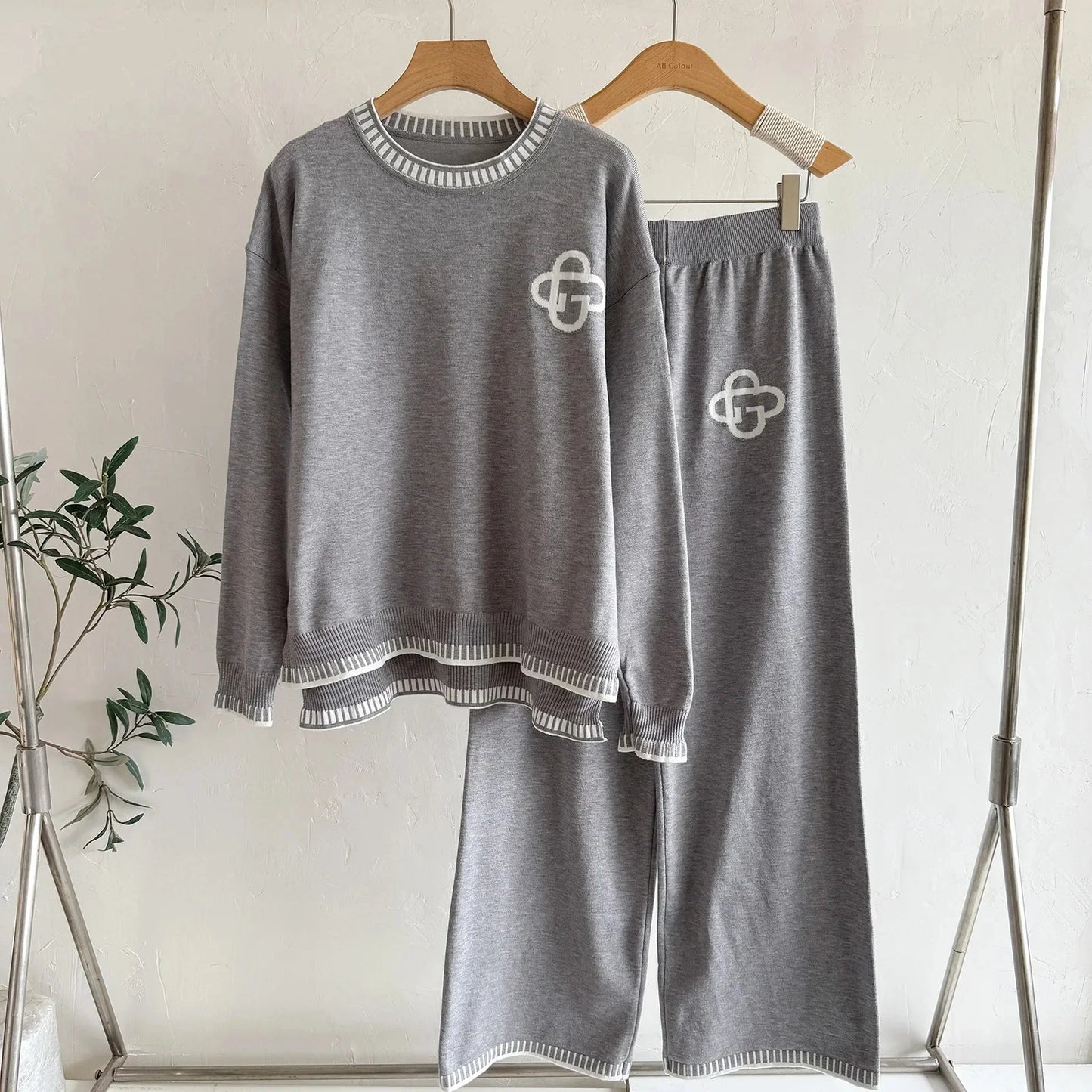 Women's Knitted Zipper Cardigan And Wide Leg Pants Two-Piece Set Spring Autumn