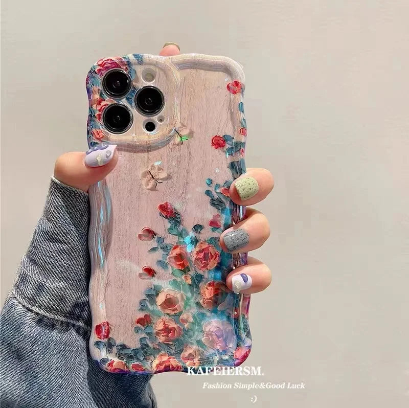 Coque de téléphone de luxe à fleurs laser roses pour iPhone 14 Pro Max 11 12 13 15 Pro Max Protection d'objectif antichoc Pare-chocs Couverture souple