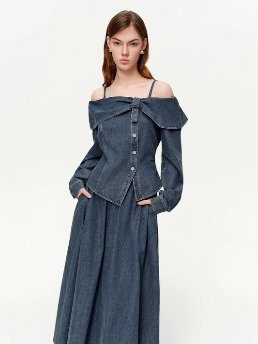 Spring Sweet Bow Denim Skirt Set Women Irregular Bodycon Slash Neck A-line Modern Urban American Style Vintage