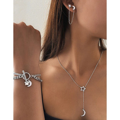 Steel Jewelry Set Tassel Earrings Double Chain Bracelet Star Moon For Women