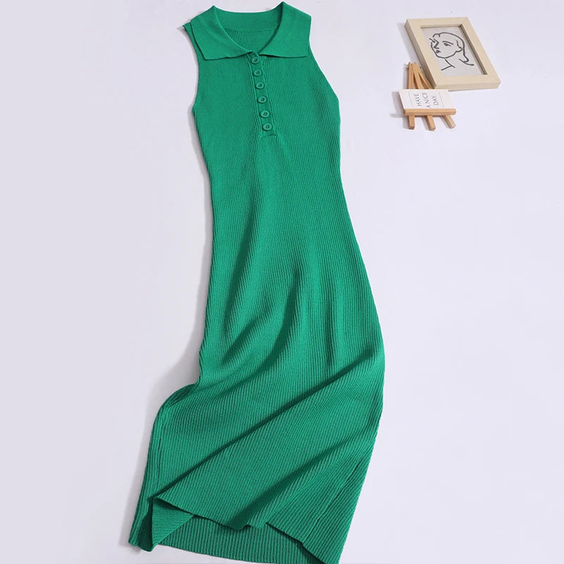 Women Summer New Dress Button Sleeveless Knit Solid Bodycon Dress Versatile Slim Worn Outside Elastic Dress