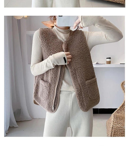 Women Faux Lamb Fur Vest Coat With Pockets Warm  Casual Cardigan Jacket