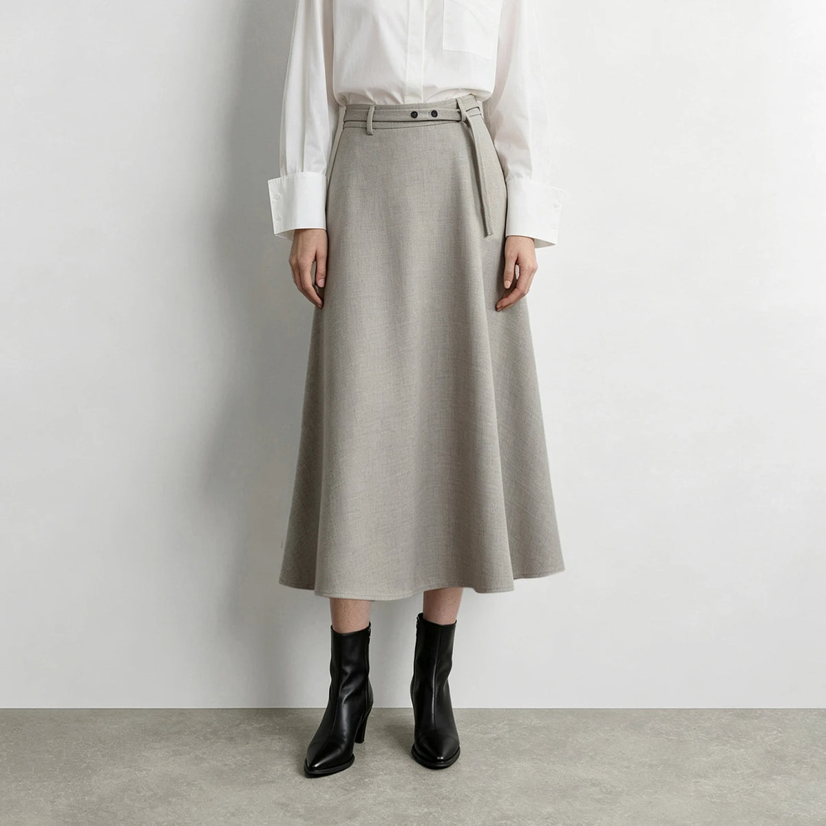 Women's A-Line Midi Skirt with Belt High Waist Loose Fit Slimming Minimalist