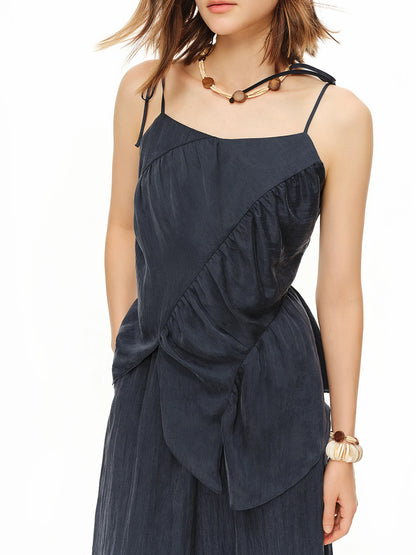 Women Shirred Camisole Trousers Two Piece Set Drawstring Relaxed Fit Lounge Co-ord Beach Casual Vacation Style