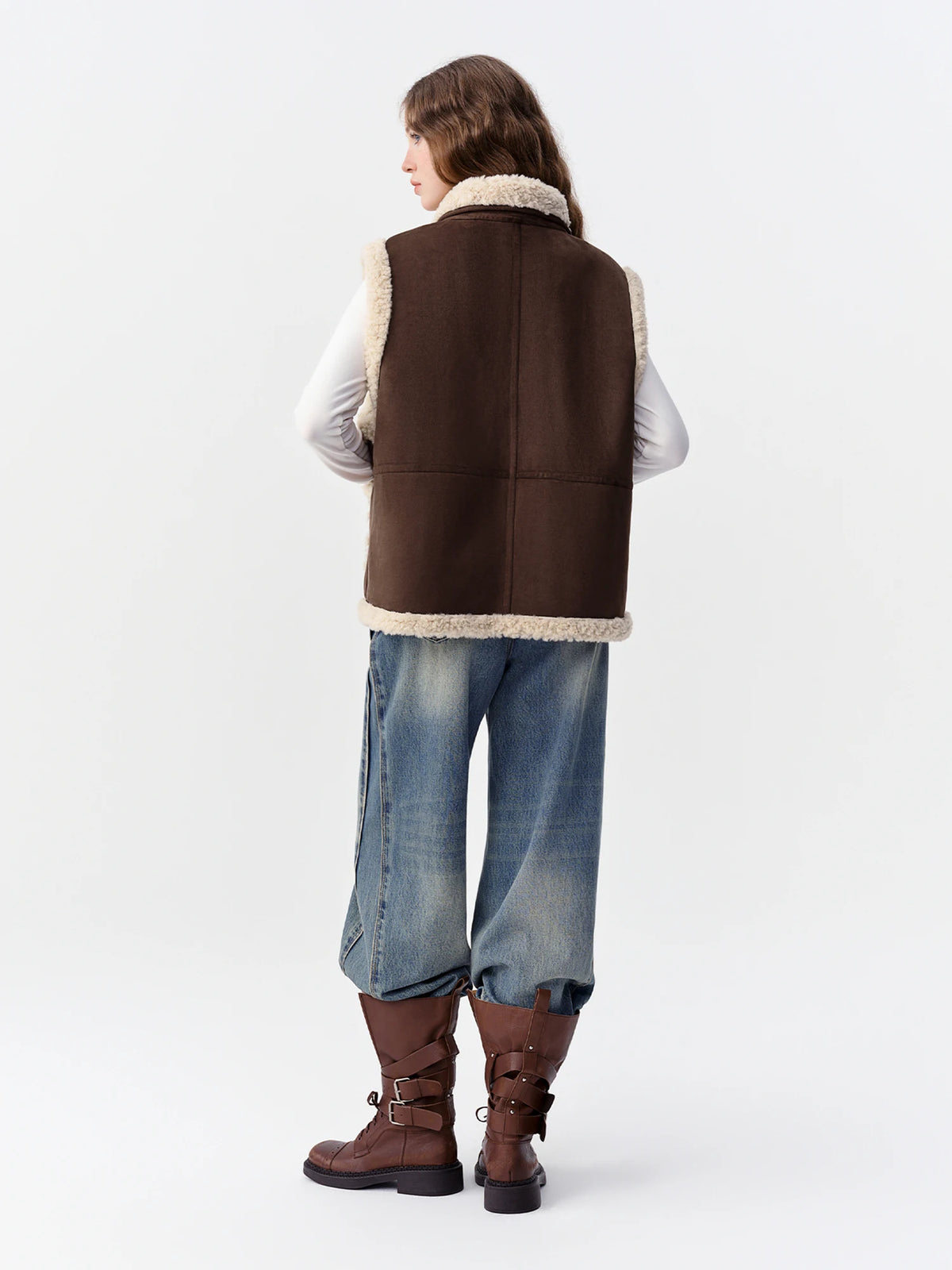 Women Faux Shearling Reversible Vest Suede-Like Lamb Fur Stand Collar Double-Side