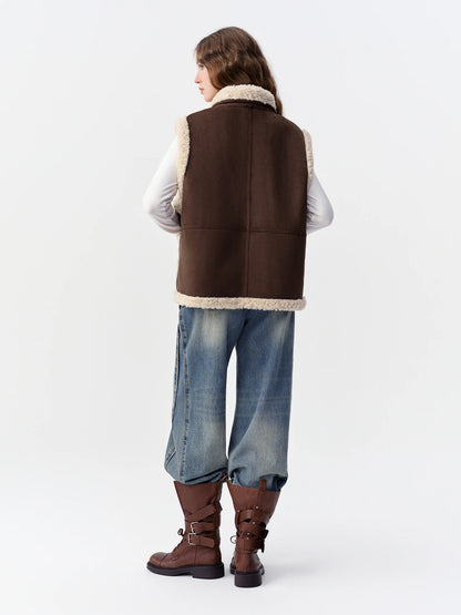 Women Faux Shearling Reversible Vest Suede-Like Lamb Fur Stand Collar Double-Side