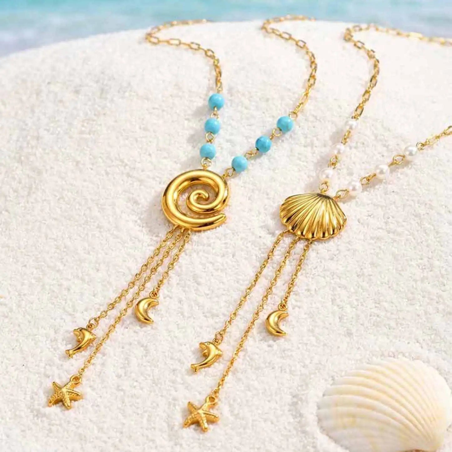 Ocean Style Y Necklace,18K Gold Plated Stainless Steel,Turquoise Paperclip Chain Dolphin Starfish Tassel Jewelry Waterproof