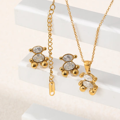 Cute Bear Jewelry Set Gold Plated Sitting Bear Zircon Necklace Stud Earring Smooth Edge Versatile Style Jewelry