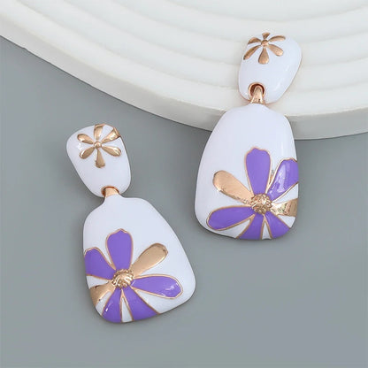 Enamel Flower Metal Dangle Post Earrings For Women