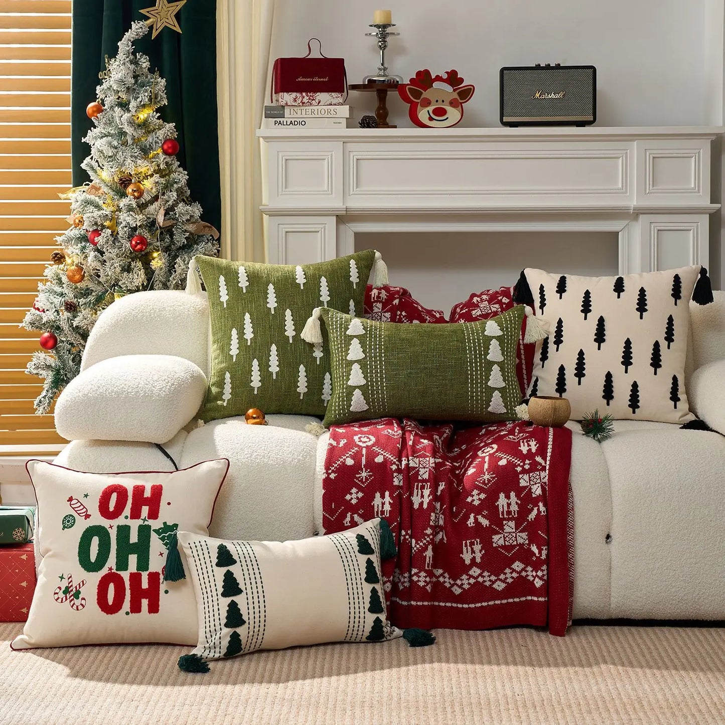 1PCS Black And White Christmas Tree Embroidered Canvas Pillow Cover