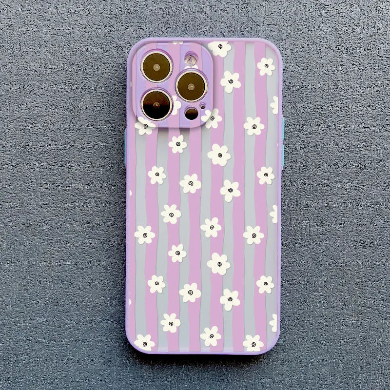 New Vertical Stripe Small Flowers Phone Case For iPhone 17 Pro Max 16 15 14 Pro Max Plus 11 12 13 Mini Pro Max