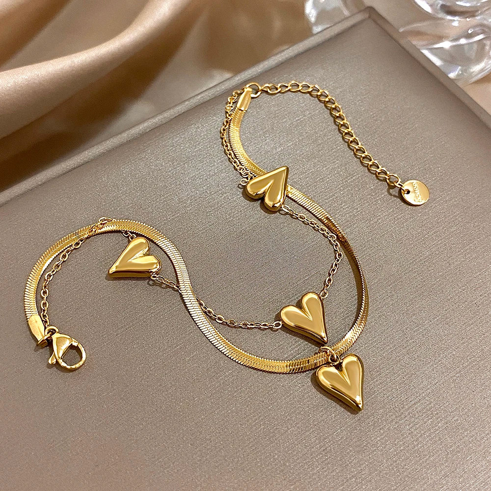 Stylish Heart Pendant Waterproof Gold Plated Steel Bracelets for Women Double Layer Bracelet Charm Fashion Jewelry